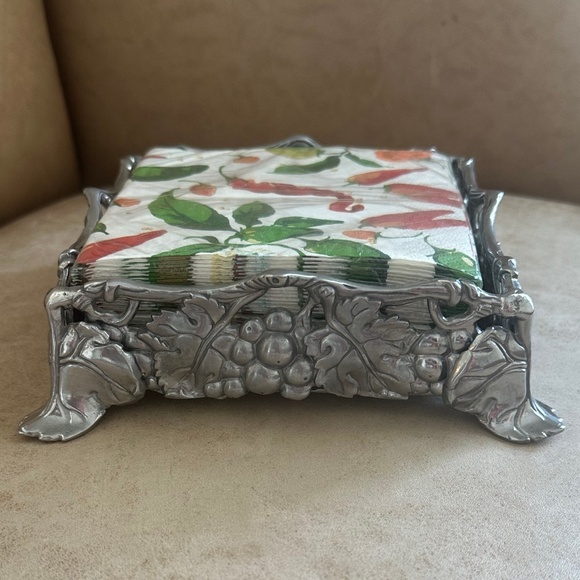 Arthur Court Tuscan Grapevine Cocktail Footed Napkin Box with Beverage Napkins - Picture 2 of 10